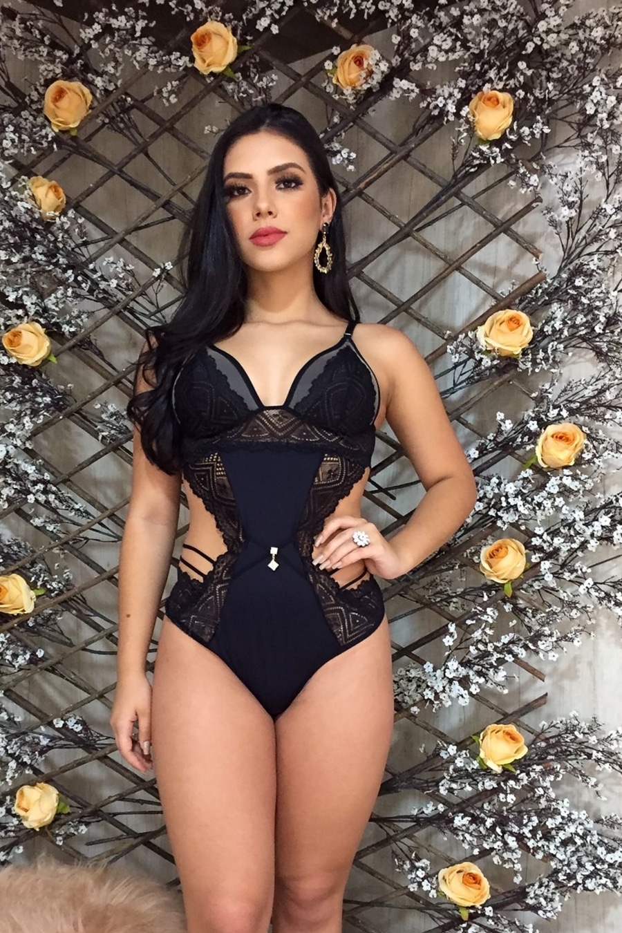 15185192583-jm0300preto-01.jpg Lingerie Feminina - Body preto com tecido de renda e tule - Imagem 1
