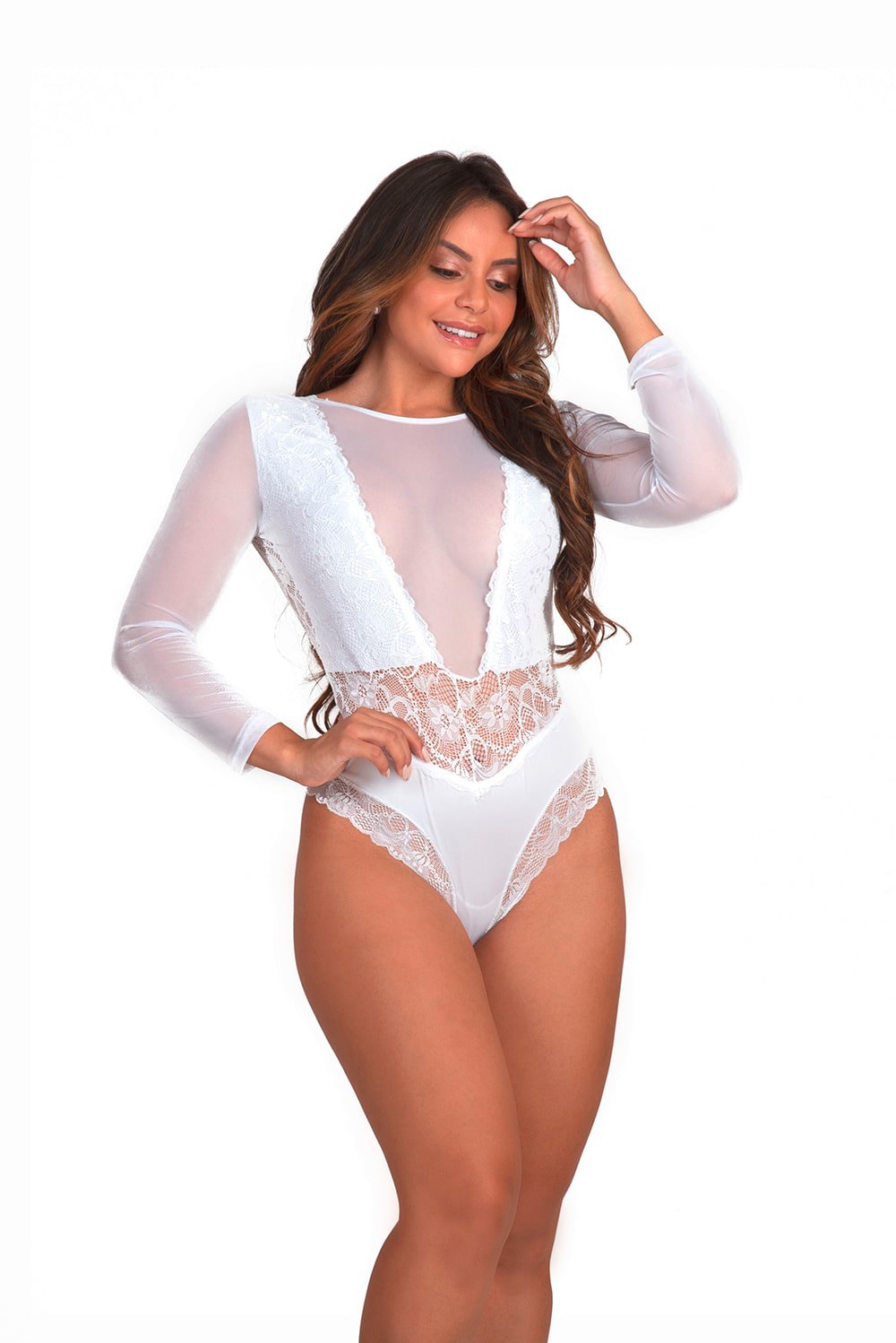 15186289432-bd-2071branco-01.jpg Body feminino branco em renda e tule com manga longa - Vivi - Imagem 1