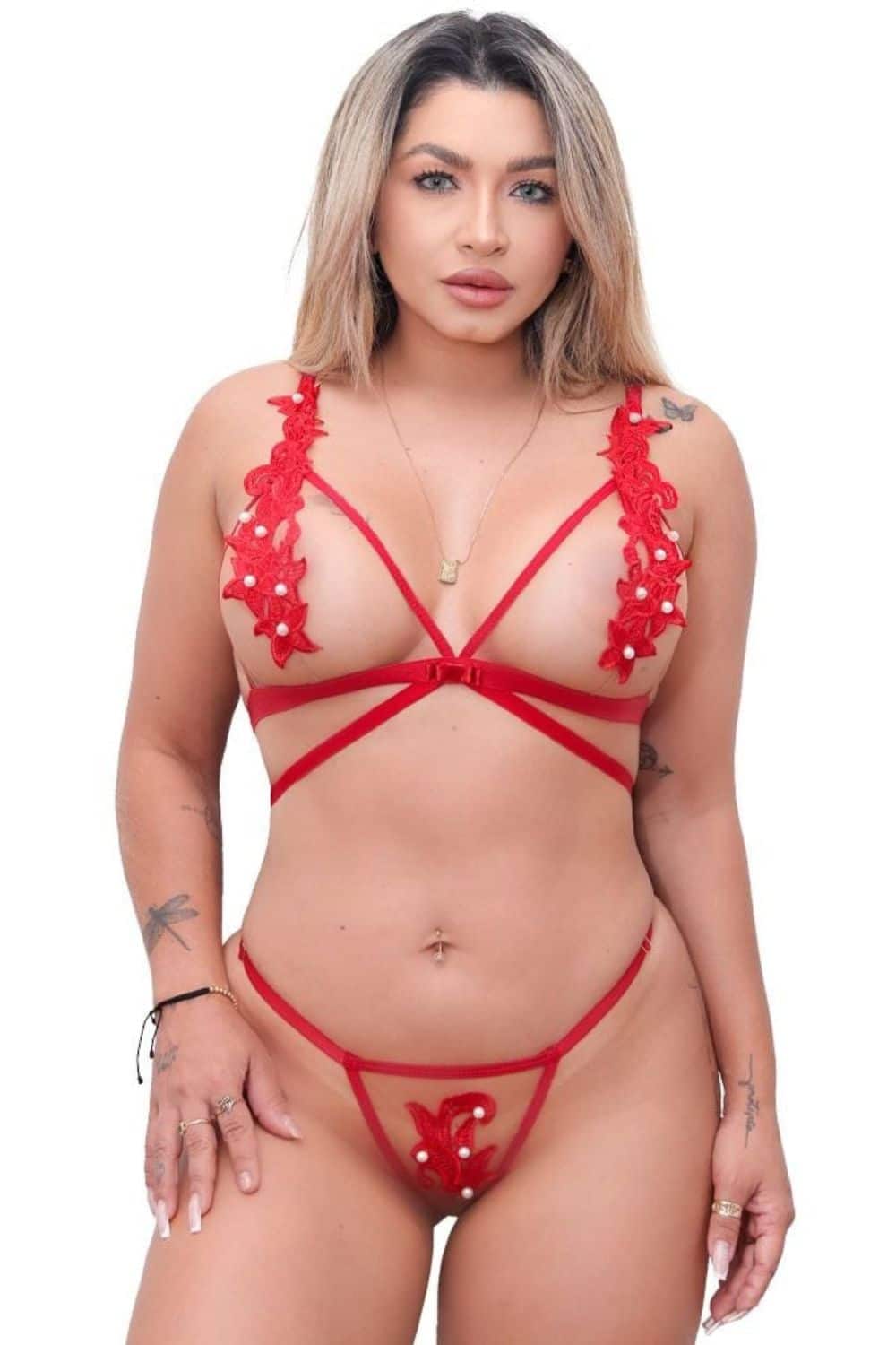 15272591652-conjunto-sensual-vermelho-selinho-com-detalhes-em-perolas-01.jpg Conjunto Sensual vermelho Selinho com detalhes em pérolas - Imagem 1