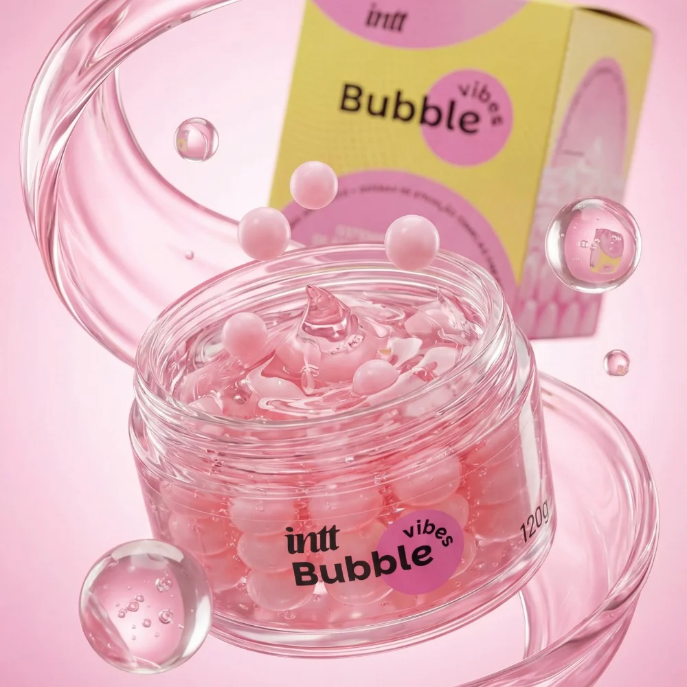 Intt Bubble Vibes 120g pote transparente com esferas rosas em gel deslizante sobre fundo rosa