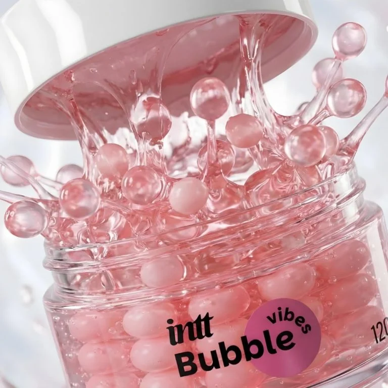 Intt Bubble Vibes splash das esferas rosas saindo do pote transparente com gel deslizante