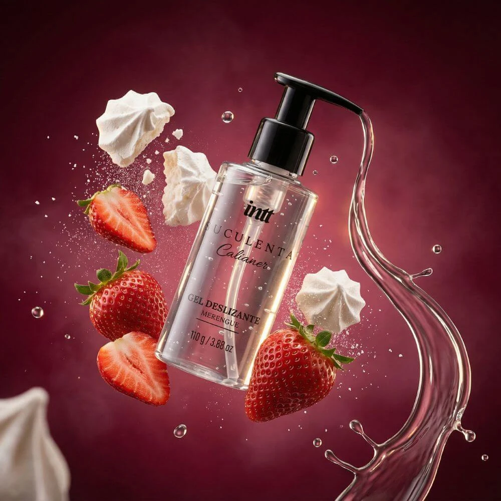 Intt Suculenta Merengue Gel Deslizante 110g frasco transparente com morangos e chantilly ao fundo vinho