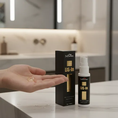 LIS-In Gold Hot Flowers frasco e caixa do gel dessensibilizante anal em ambiente sofisticado