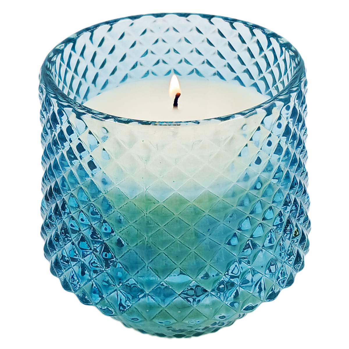 Vela aromática em vidro Livon azul luxo de 8x7cm sobre superfície decorativa Vela aromática em vidro Livon azul luxo de 8x7cm sobre superfície decorativa