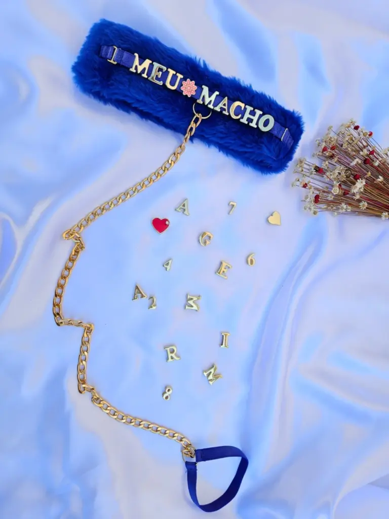 Coleira Choker BDSM de Pelúcia Azul Escuro personalizável macia para casais