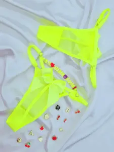 Calcinha Fio Dental Personalizável em Tule com Laço de Cetim Regulável - Amarelo Neon - Imagem 3