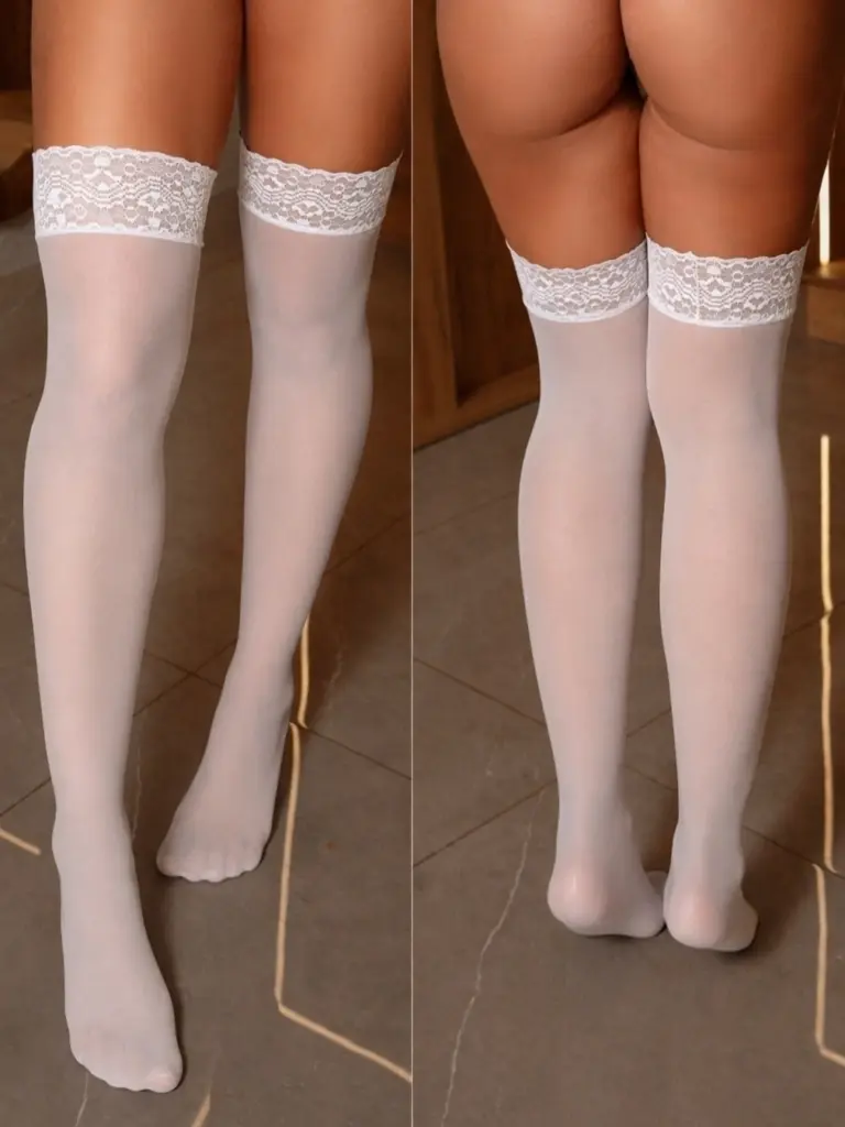 Meia Fina 7/8 com Barrado em Renda Sensual Branca