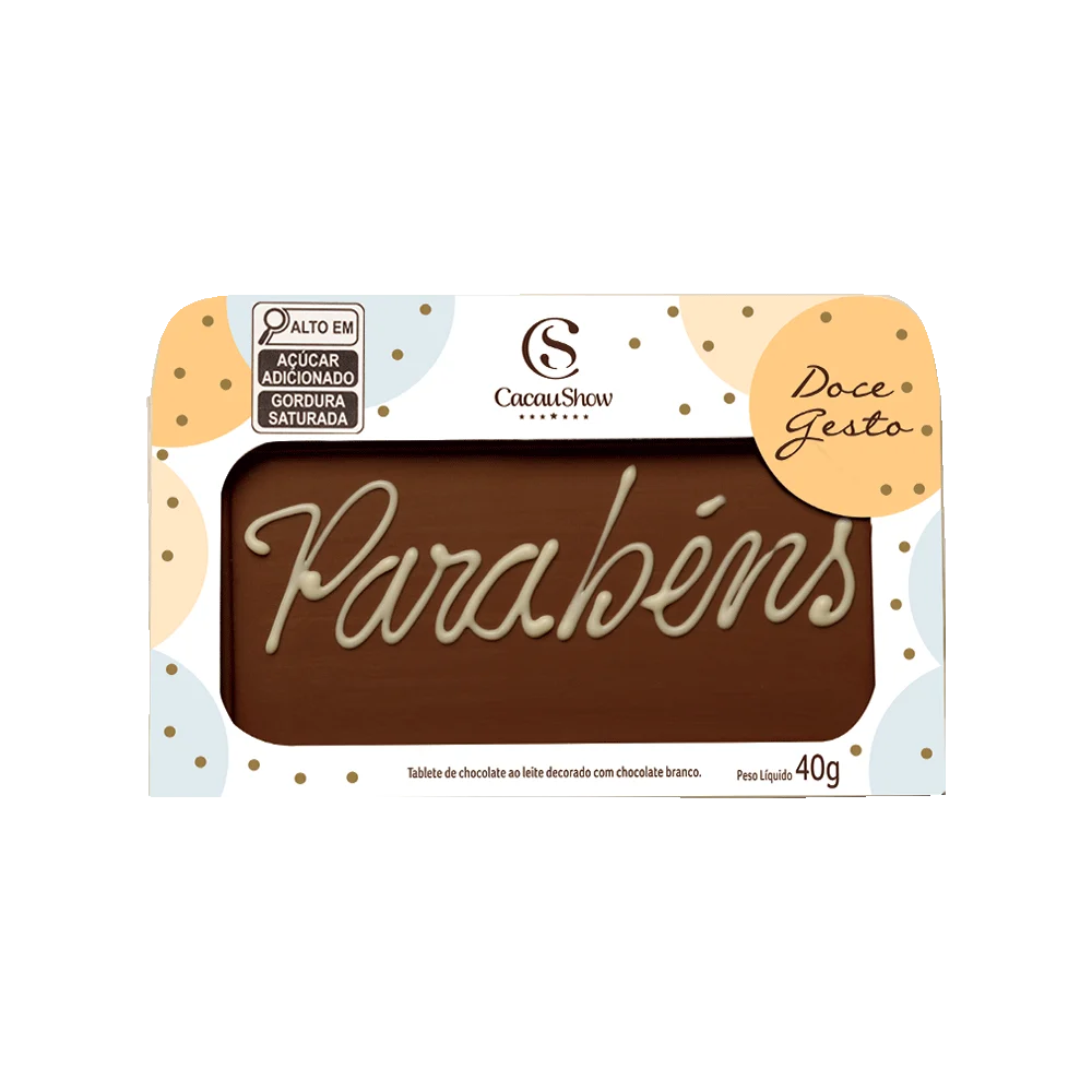 Tablete de Chocolate ao Leite Parabéns 40g Cacau Show com mensagem estampada Tablete de Chocolate ao Leite Parabéns 40g Cacau Show com mensagem estampada