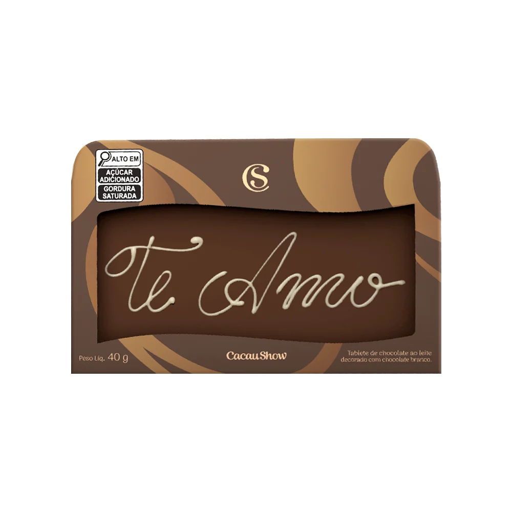 Placa Tablete ao Leite Chocoarte Te Amo 40g Cacau Show com mensagem em chocolate branco Placa Tablete ao Leite Chocoarte Te Amo 40g Cacau Show com mensagem em chocolate branco