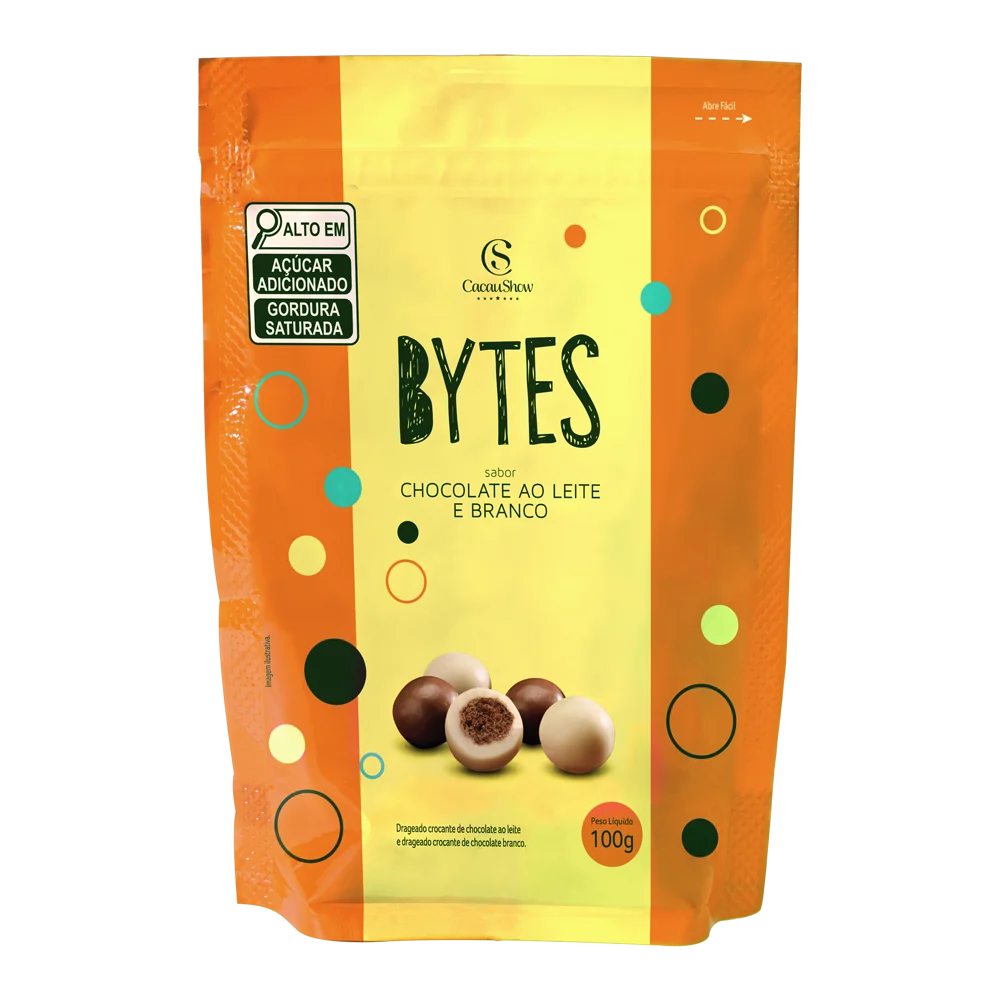 Drageado Bytes Chocolate ao Leite e Branco 100g Cacau Show em embalagem prática Drageado Bytes Chocolate ao Leite e Branco 100g Cacau Show em embalagem prática