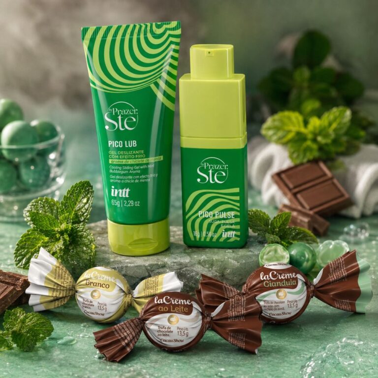 Combo Pico Pulse e Pico Lub Menta Intt ao lado de três trufas laCreme Cacau Show