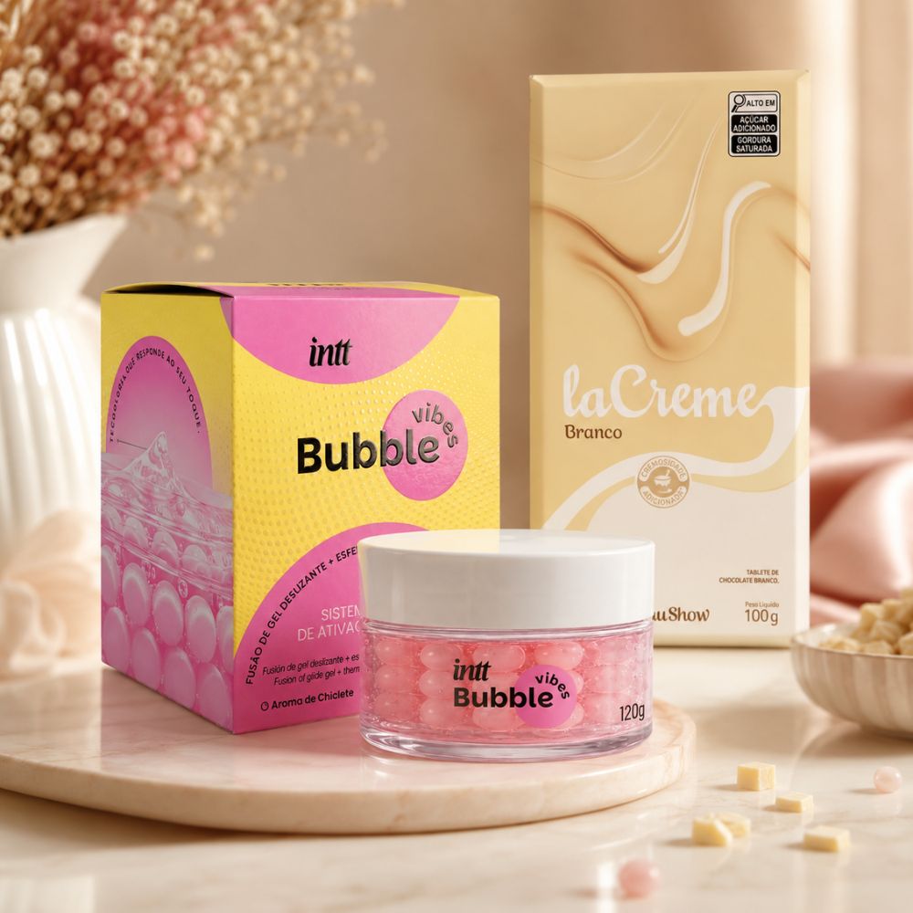 Combo Bubble Vibes Chiclete laCreme Branco com gel deslizante em esferas Intt e barra de chocolate branco 100g Cacau Show