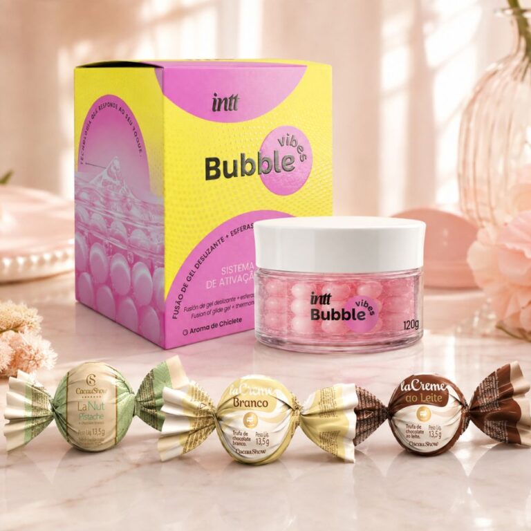 Combo Bubble Vibes Chiclete com gel deslizante em esferas Intt e trio de trufas laCreme e LaNut Pistache Cacau Show