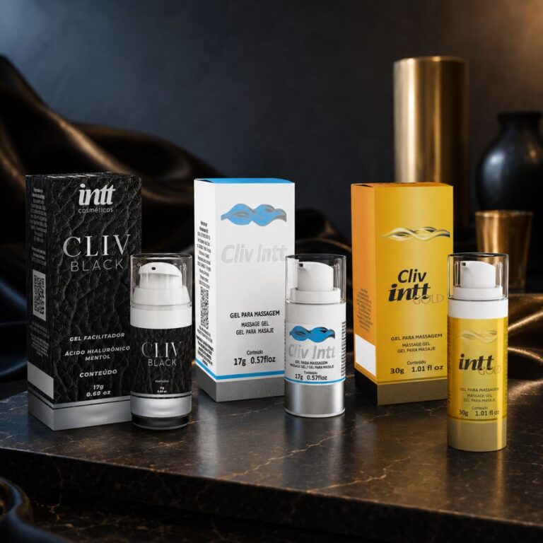Kit com três géis dessensibilizantes anais da linha Intt Cliv nas versões Black 17ml, Tradicional 17g e Gold 30g
