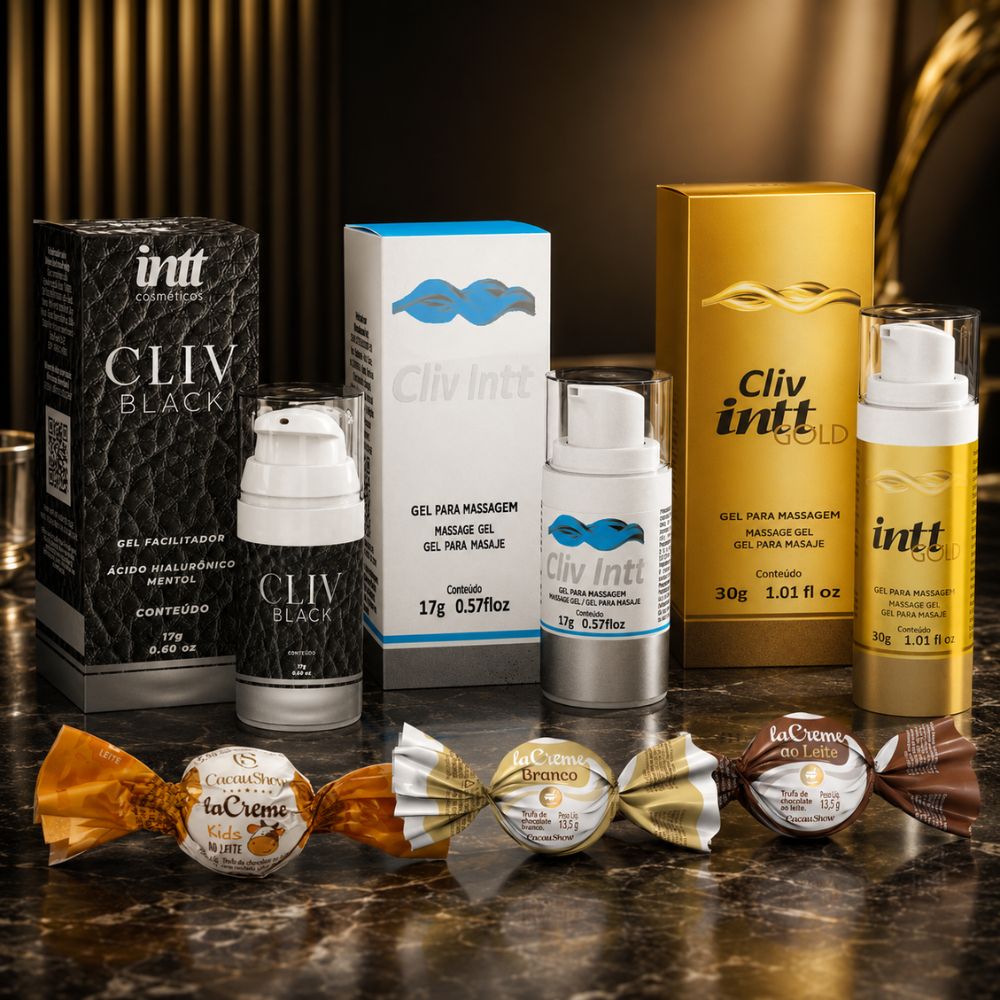 Kit dessensibilizante anal com chocolate com os géis Cliv Intt tradicional, Black e Gold e três trufas laCreme da Cacau Show