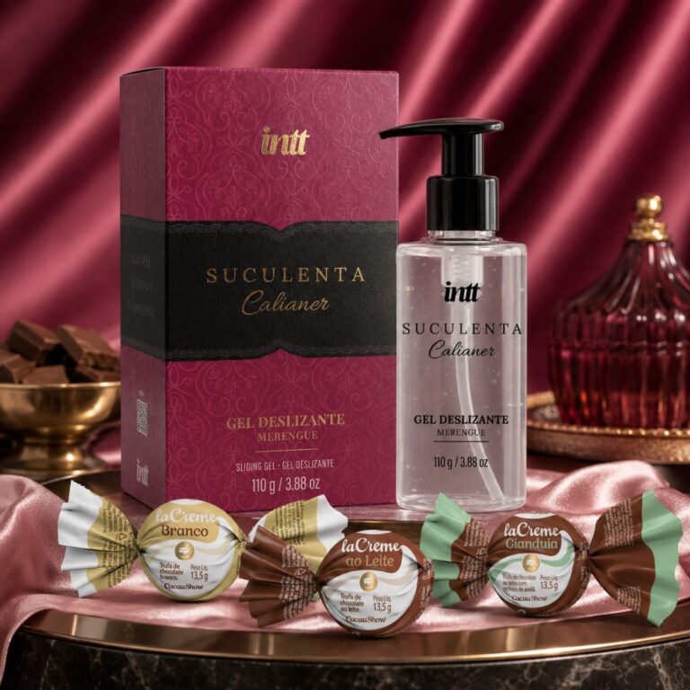 Kit gel deslizante com chocolate com o gel Suculenta e as trufas laCreme ao leite, branco e gianduia da Cacau Show
