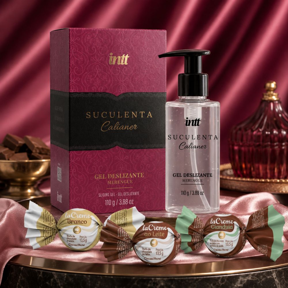 Kit gel deslizante com chocolate com o gel Suculenta e as trufas laCreme ao leite, branco e gianduia da Cacau Show