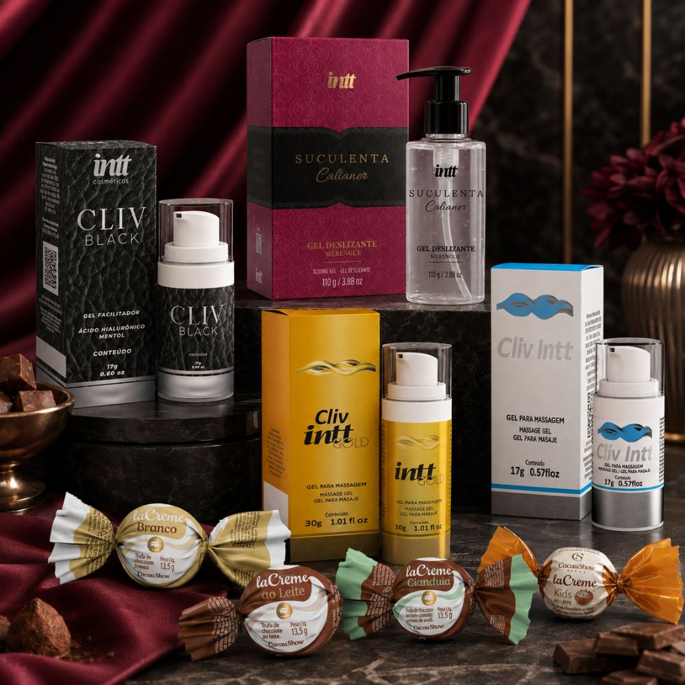 Kit Intt com chocolate com os géis Cliv, Cliv Black, Cliv Gold e Suculenta ao lado de quatro trufas laCreme da Cacau Show