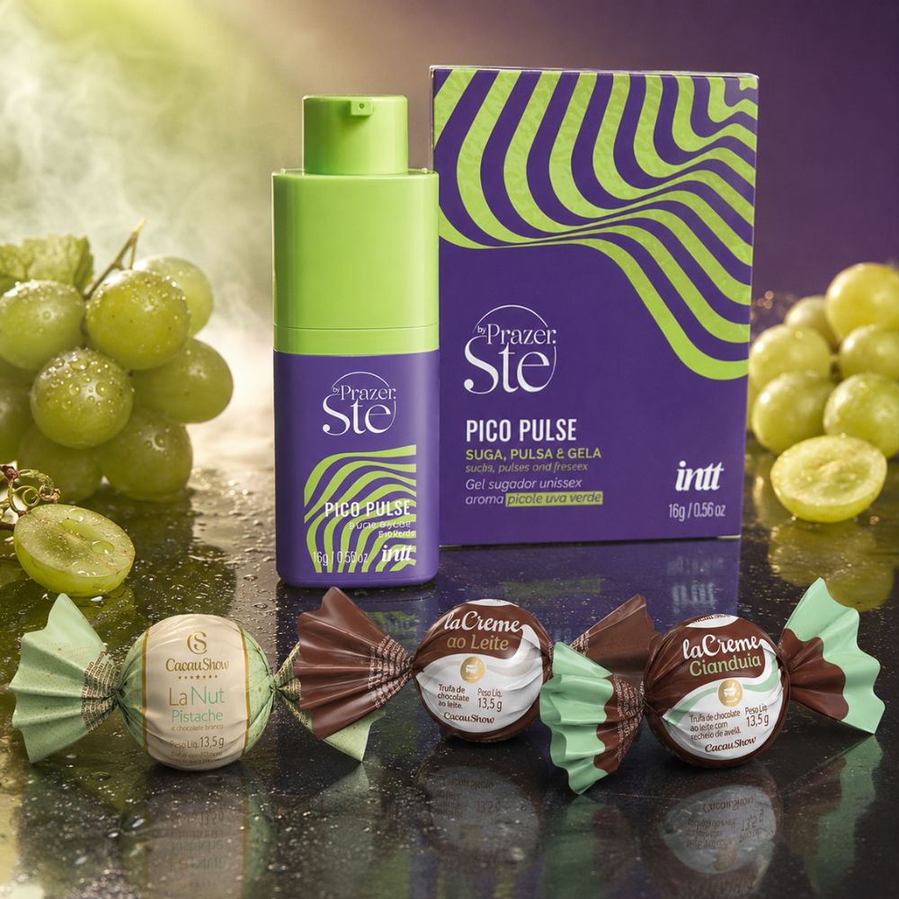 Kit gel sugador com chocolate com o gel Pico Pulse Uva Verde da Intt e trufas laCreme e LaNut pistache da Cacau Show
