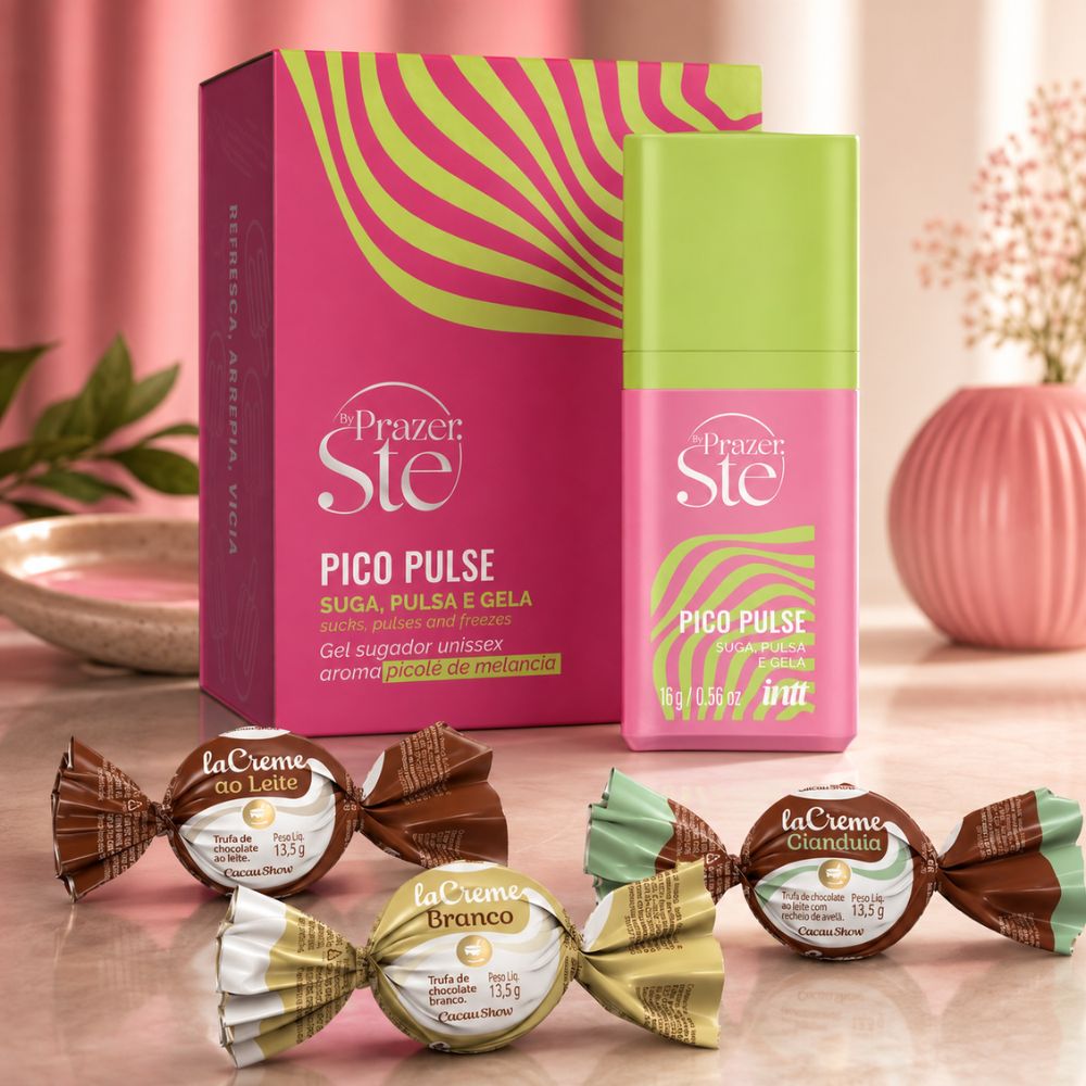 Kit Pico Pulse Melancia com chocolate com o gel sugador da Intt em embalagem rosa e três trufas laCreme da Cacau Show