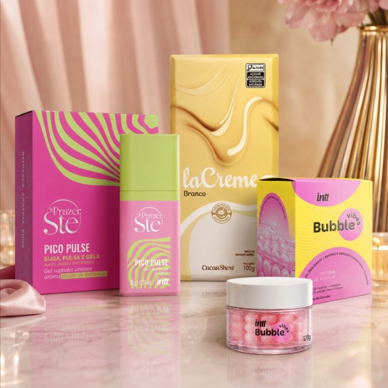Kit Bubble Vibes com chocolate com o pote de gel com esferas rosas, o gel Pico Pulse Melancia e a barra laCreme branco da Cacau Show