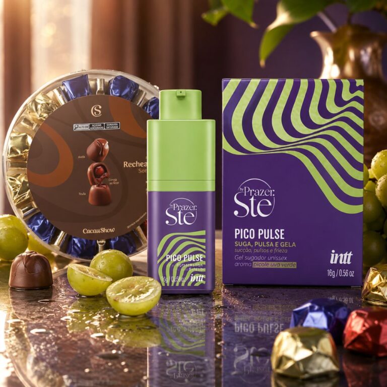 Kit presente com caixa de bombons sortidos da Cacau Show e o gel Pico Pulse Uva Verde da Intt em embalagem roxa
