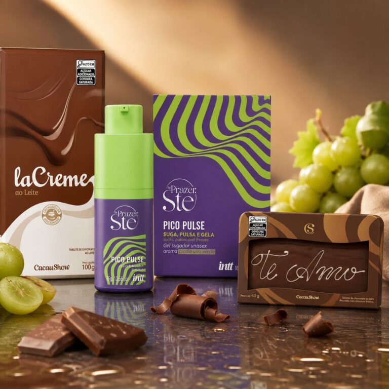 Kit presente romântico com chocolate com o tablete Te Amo, a barra laCreme ao leite e o gel Pico Pulse Uva Verde da Intt
