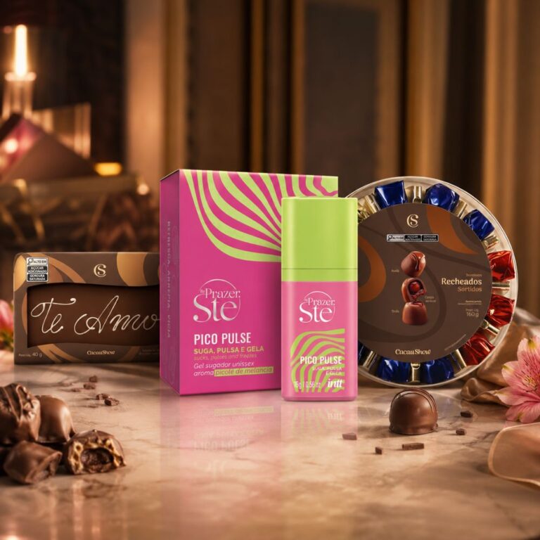 Kit presente para namorada com chocolate com tablete Te Amo, gel Pico Pulse Melancia e caixa de bombons sortidos da Cacau Show