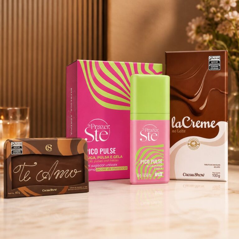 Kit presente para namorado com chocolate com o tablete Te Amo, o gel Pico Pulse Melancia e a barra laCreme ao leite