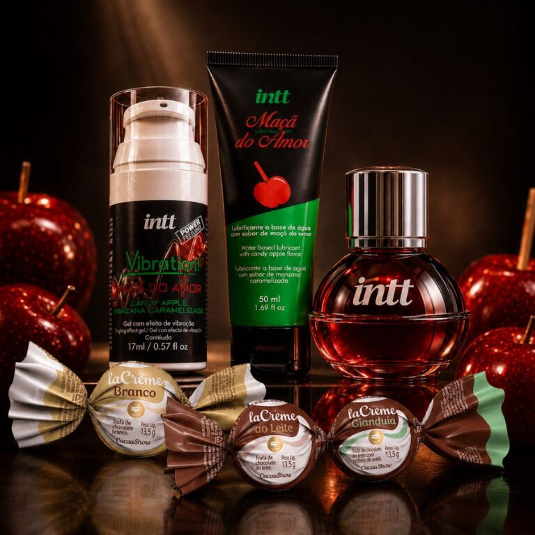 Kit maçã do amor com chocolate com os géis Vibration Power, Fruit Sexy e lubrificante da Intt e três trufas laCreme