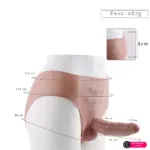 Calcinha strap-on com capa peniana realistica vibratoria em silicone TPE bege com indicação de medidas