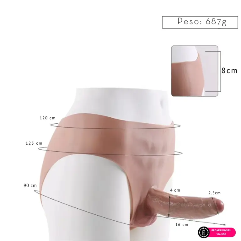 Calcinha strap-on com capa peniana realistica vibratoria em silicone TPE bege com indicação de medidas