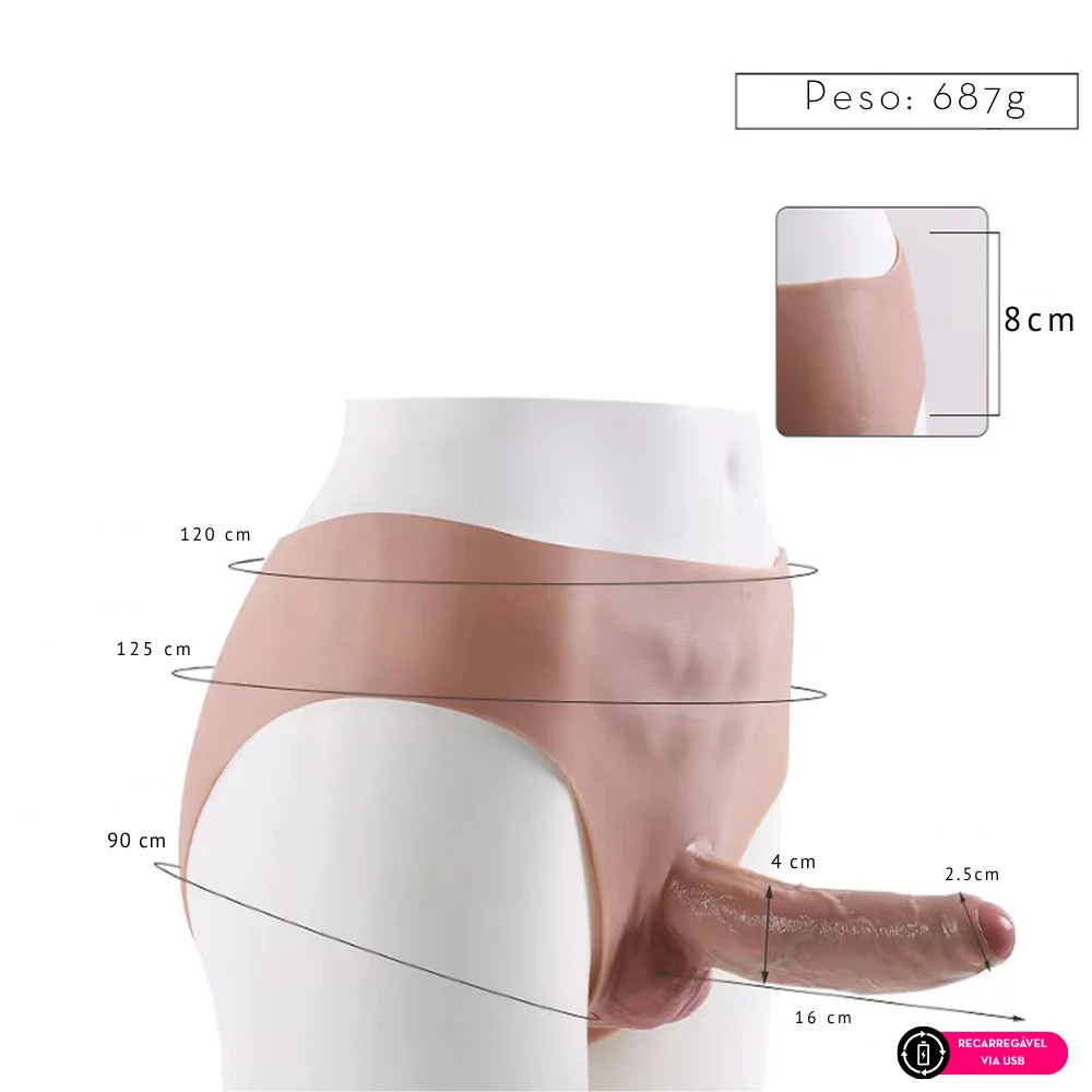 Calcinha strap-on com capa peniana realistica vibratoria em silicone TPE bege com indicação de medidas Calcinha strap-on com capa peniana realistica vibratoria em silicone TPE bege com indicação de medidas