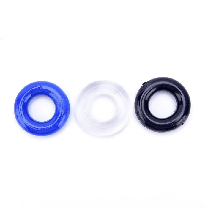 Anel peniano conjunto com 3 aneis retratador em silicone flexivel nas cores azul transparente e preto