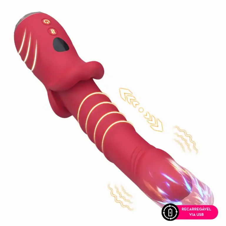 Vibrador ponto g vermelho em formato glande com movimento de vai e vem e textura espiralada