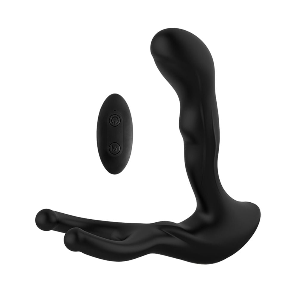 Massageador de prostata em silicone preto com choque eletrico e controle remoto