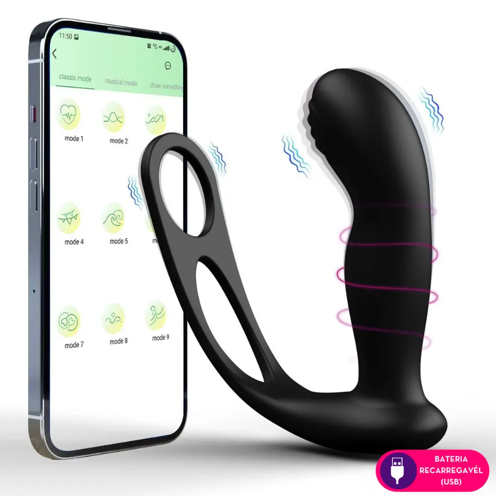 Massageador de prostata preto em silicone com anel peniano e controle por aplicativo de celular